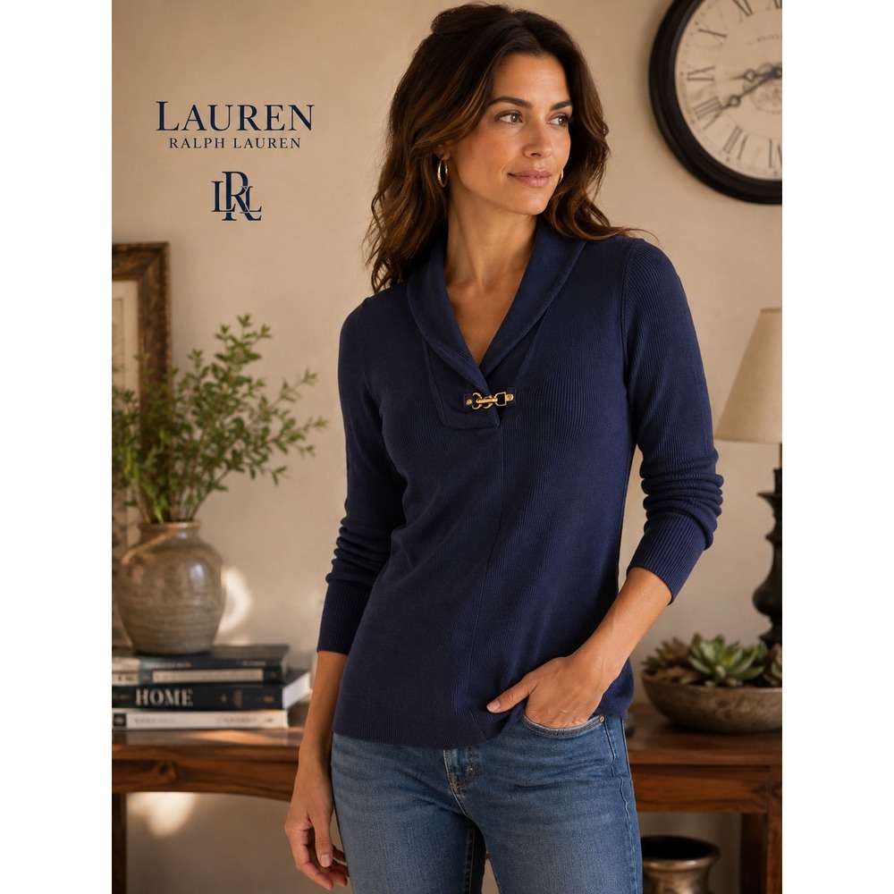 Lauren Ralph Lauren Navy Waffle Knit Shawl Collar Preppy Top Gold Clasp XL